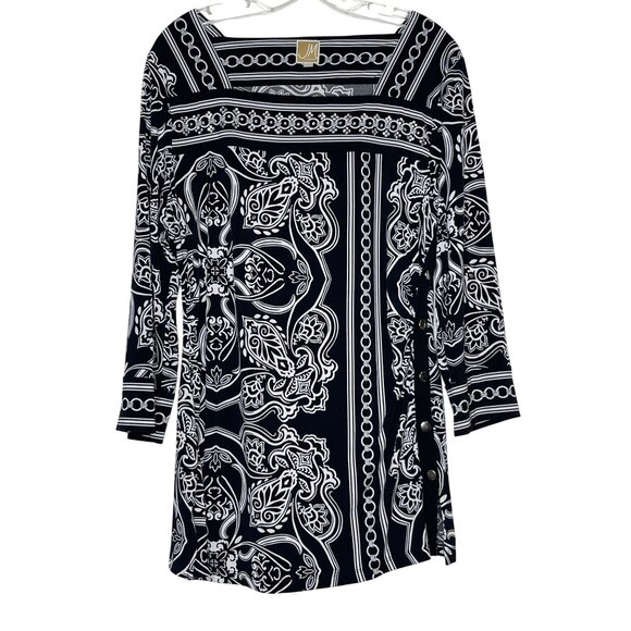 JM Collection Tops - JM collection 3/4 Sleeve Black White Tunic Dress Buttons Ruching Glitzy Size L